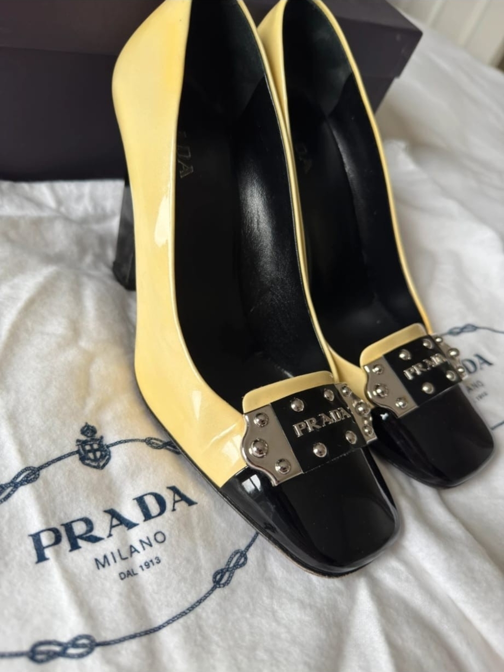 Prada Yellow and Black Patent Leather Block Heel Pumps